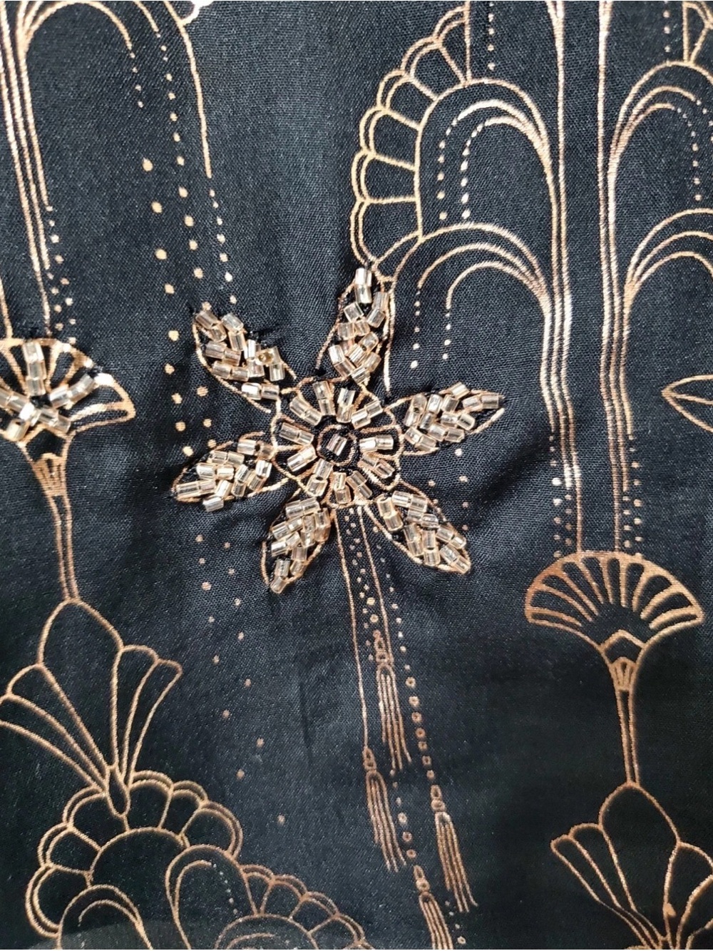 World Market L/XL Black Gold Art Deco Beaded Sheer Blouse Floral Boho Top - Picture 4 of 7